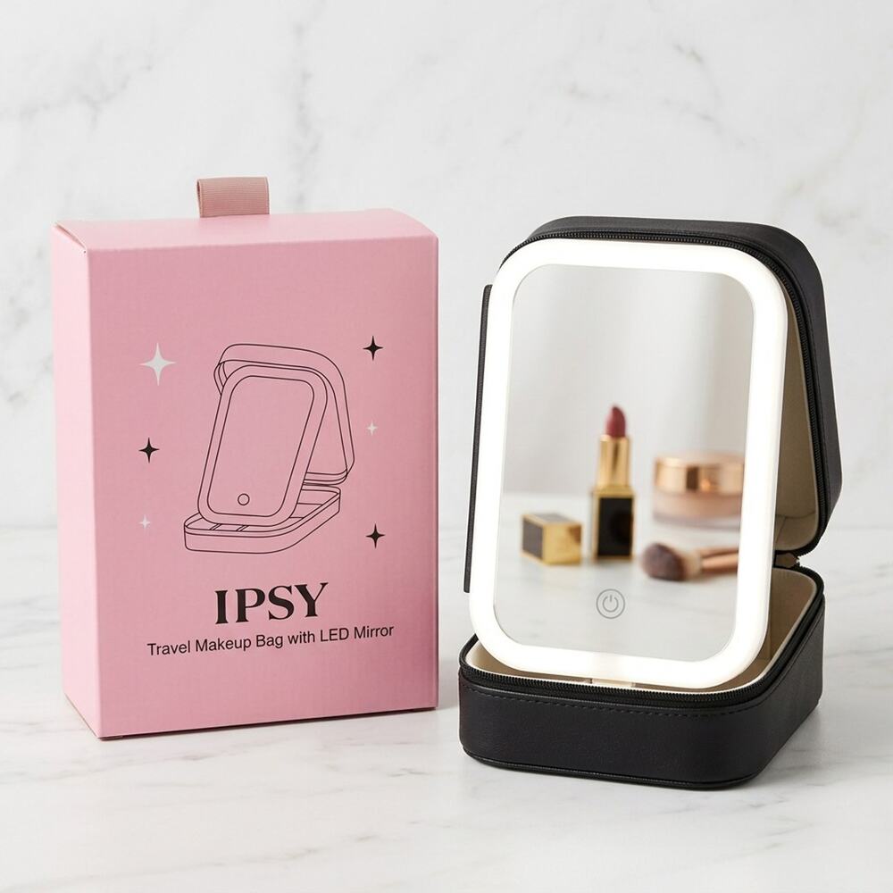 Travel Makeup Mirror + Organizer With Case Foldable USB Adjustable Lighting